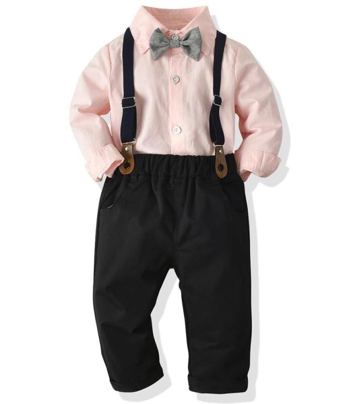 Boys Dressy Outfit Suit Pink Shirt Black Blazer And Suspender Pants
