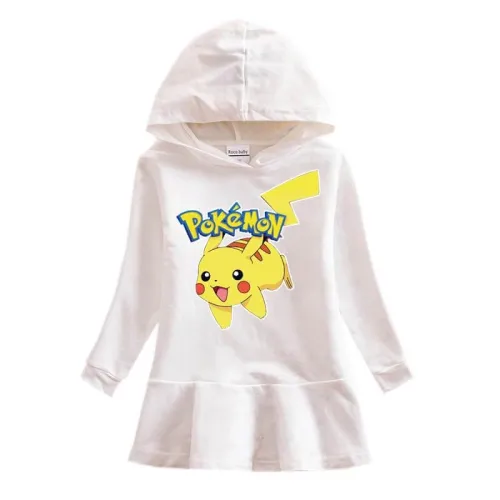 Girls Pikachu Print Long Sleeve Hooded Frill Cotton Sweatshirt Dress
