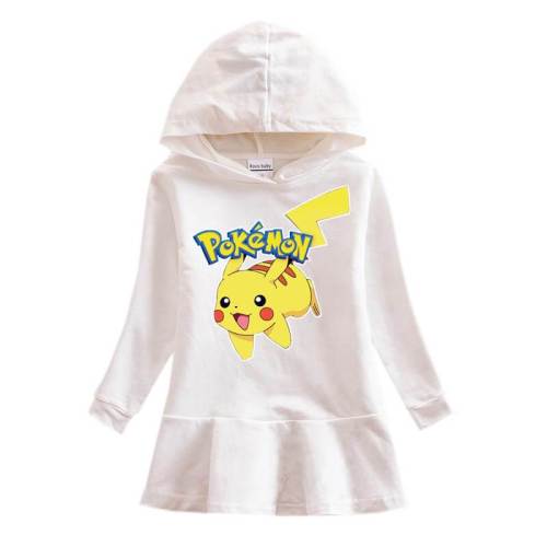 Girls Pikachu Print Long Sleeve Hooded Frill Cotton Sweatshirt Dress