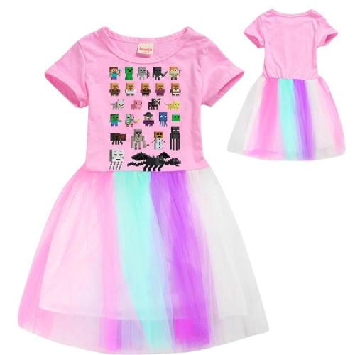 Minecraft Figures Print Girls Pink Cotton Top Rainbow Tulle Dress