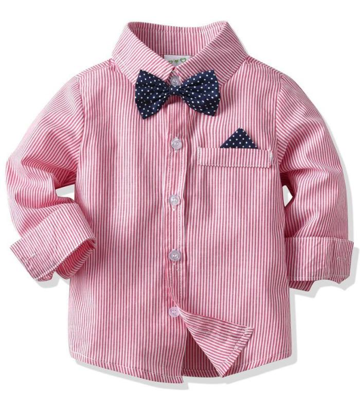 Boys Outfit Set Pink Cotton Shirt With Bow Tie N Khaki Suspender Pants