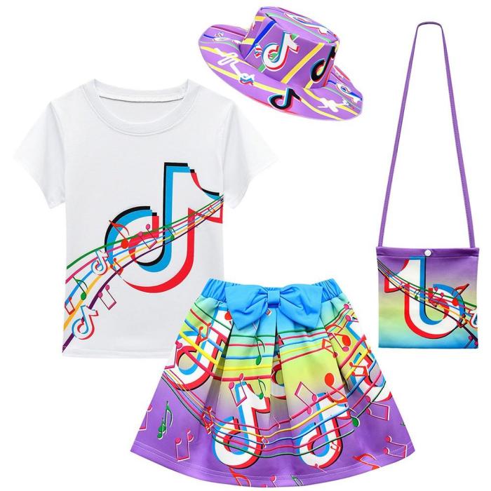 Tik Tok Print Girls Summer T Shirt And Skirt Suit Set Costume