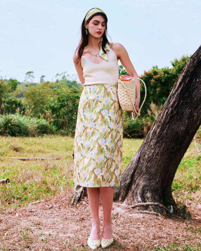 The High Waisted Floral Print Slit Midi Skirt