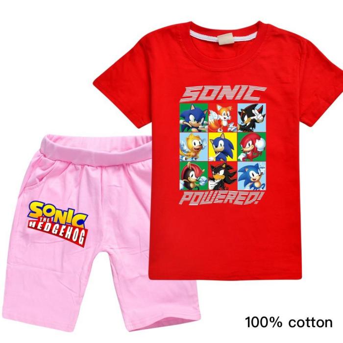 Girls Boys Sonic The Hedgehog Multi-Color T Shirt Pink Shorts Suit