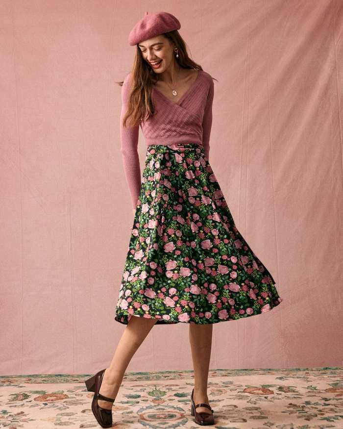 The High Waisted Slit Floral Satin Midi Skirt