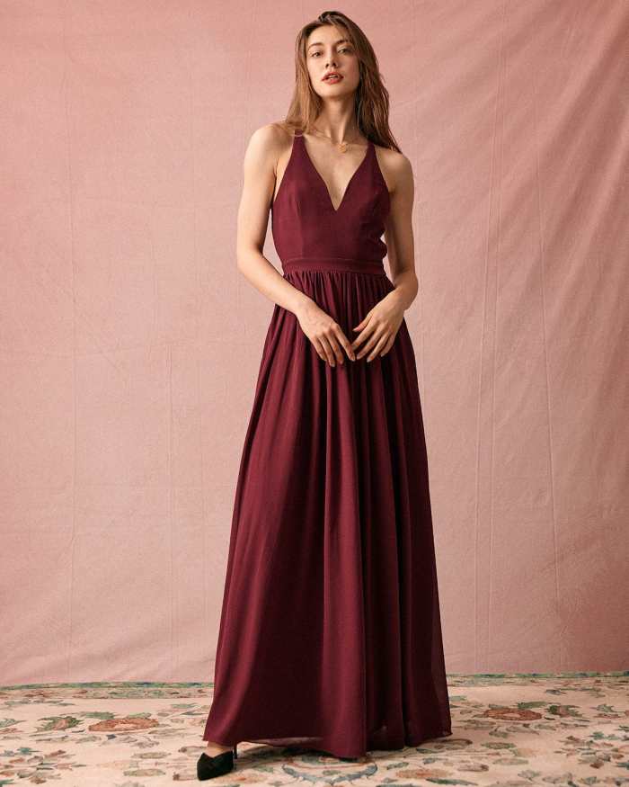 The Red Solid Lace Back Sling Maxi Dress