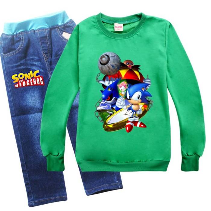 Sonic The Hedgehog Print Girls Boys Pullover Hoodie Jeans Outfit Sets