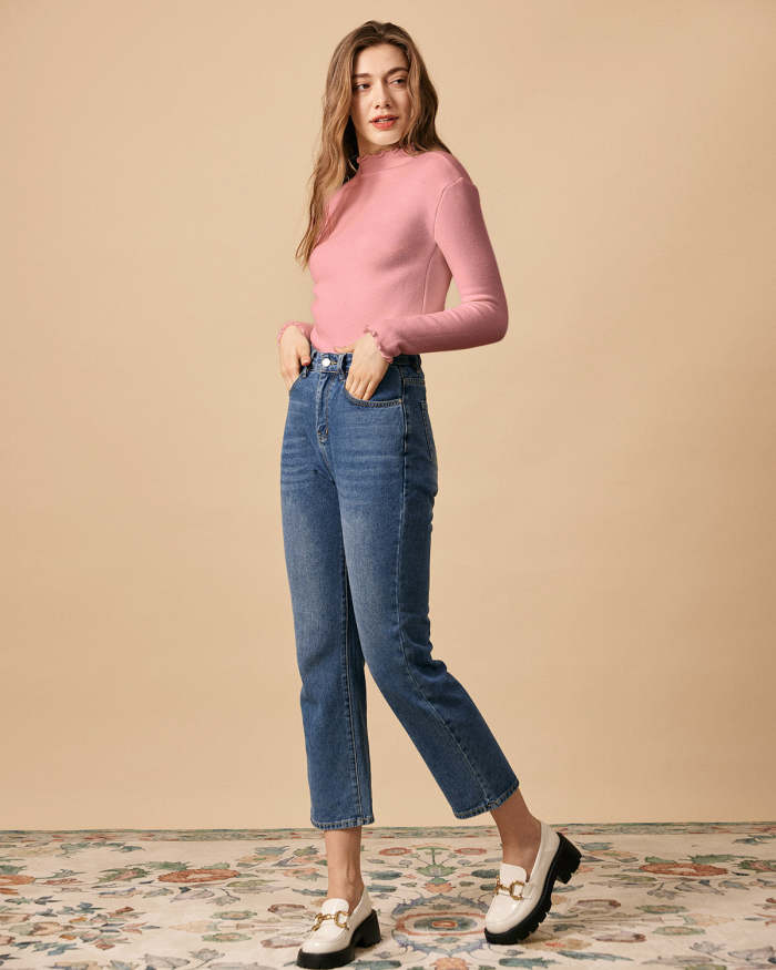 The Mock Neck Frill Trim Knit Top