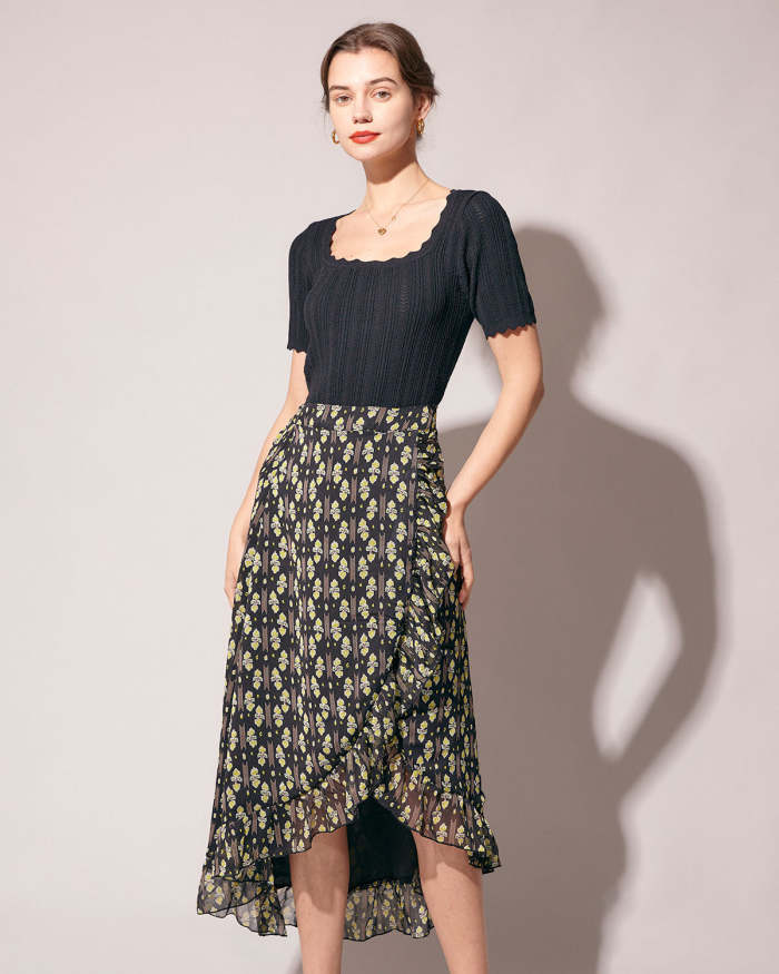 The Black High Waisted Floral Ruffle Wrap Midi Skirt