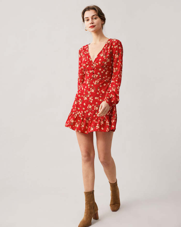 The Red V Neck Floral Long Sleeve Ruffle Mini Dress