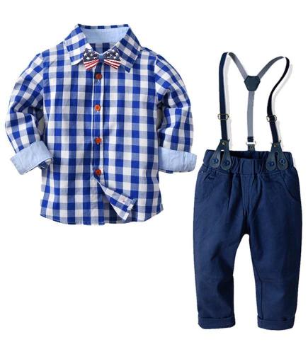 Boys Blue Cotton Plaid Shirt With Bow Tie N Suspender Pants Outfit Set