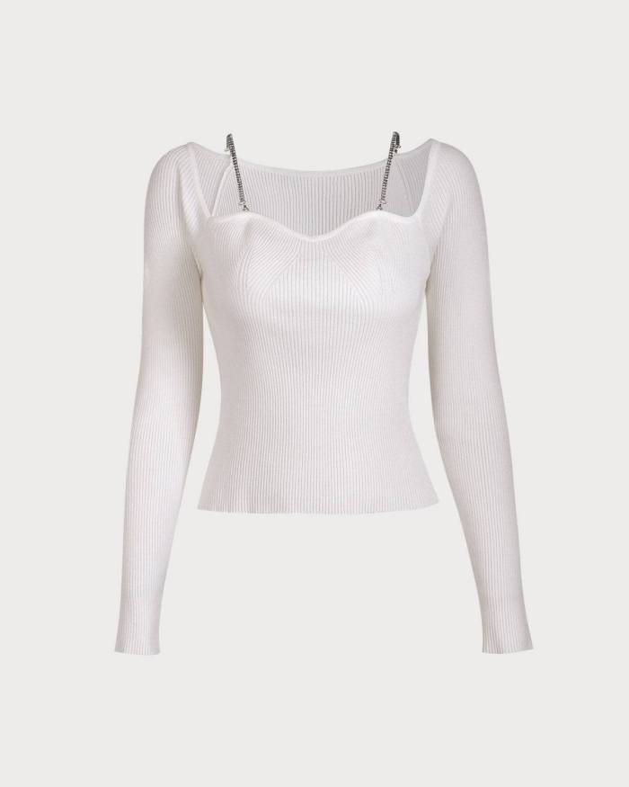 The Ribbed Chain Strap Long Sleeve Knit Top