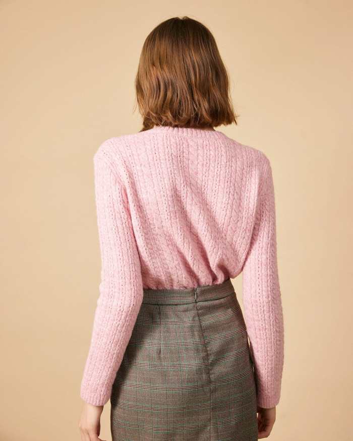 The Pink Round Neck Cable Knit Cardigan