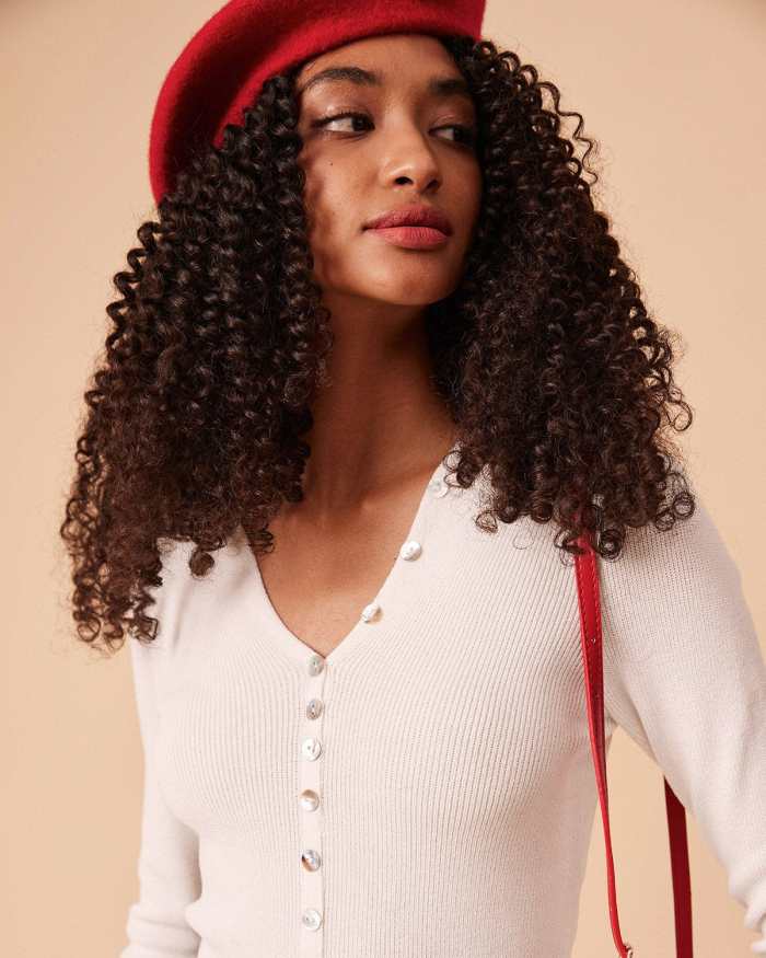 The White Solid V Neck Ribbed Knit Top