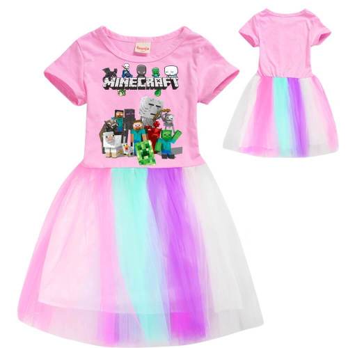 Minecraft Print Girls Cotton Top Pink Short Sleeve Rainbow Tulle Dress