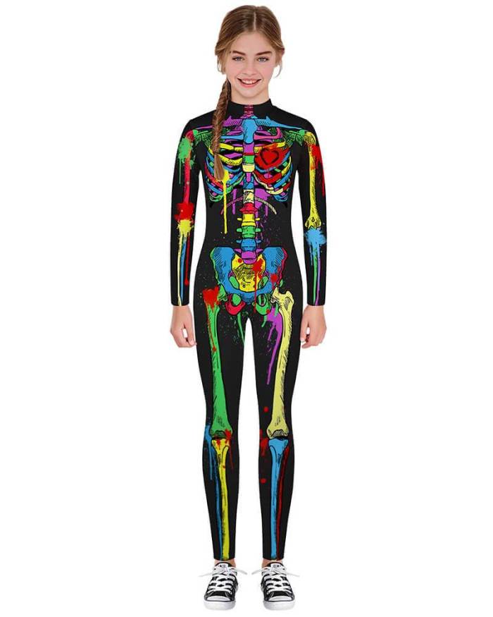 Boys Girls Bloody Rainbow Skeleton Catsuit Kids Halloween Costume