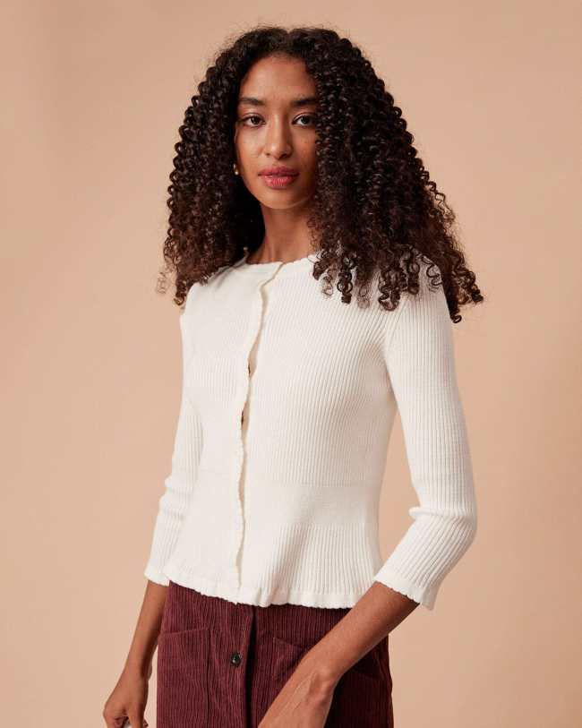 The White Solid Frill Trim Knit Top