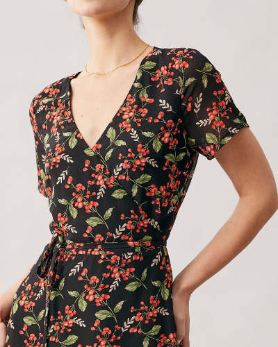 The Black V Neck Fruit Print Wrap Midi Dress