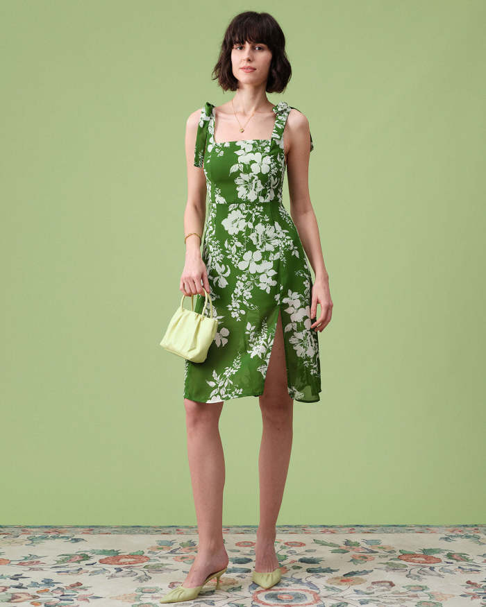 The Green Tie Shoulder Side Slit Midi Dress