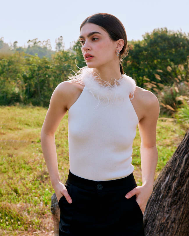 The White Feather Collar Knit Tank Top