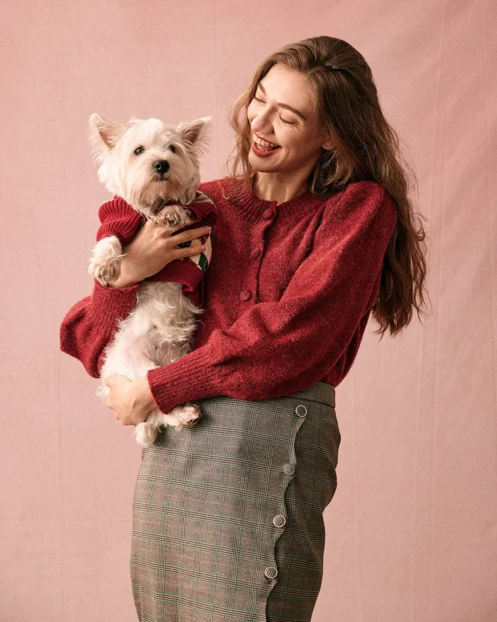 The Red Round Neck Lantern Sleeve Cardigan