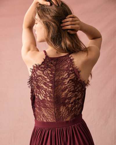 The Red Solid Lace Back Sling Maxi Dress