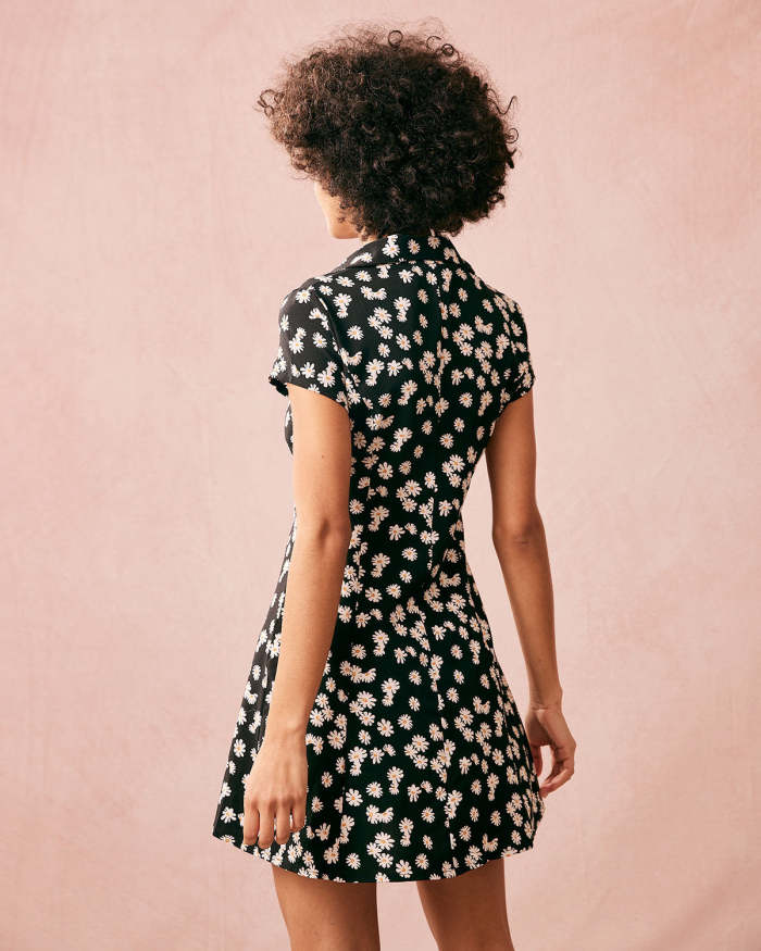 The Black Lapel Floral Short Sleeve Mini Dress