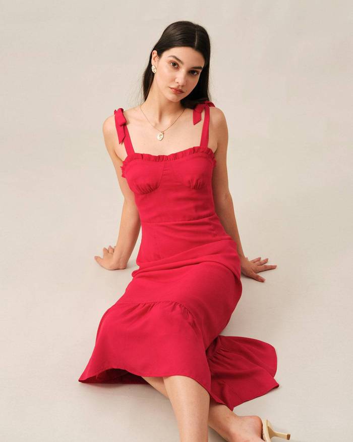 The Solid Ruffle Tie Strap Maxi Dress
