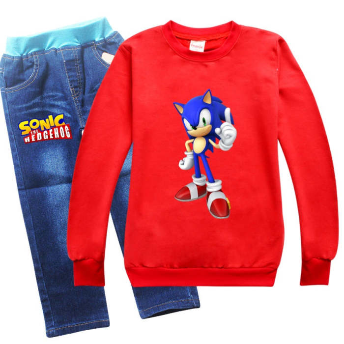 Boys Girls Sonic The Hedgehog Print Pullover Hoodie Jeans Outfit Sets