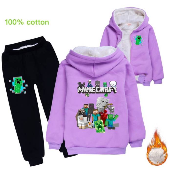 Minecraft Game Print Boys Girls Fleece Lined Hoodie Sweatpants Outfit