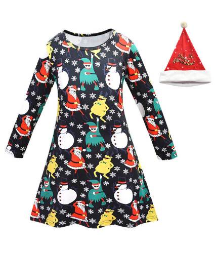 Santa Claus N Snowman Print Girls Christmas Long Sleeve Dress Costume