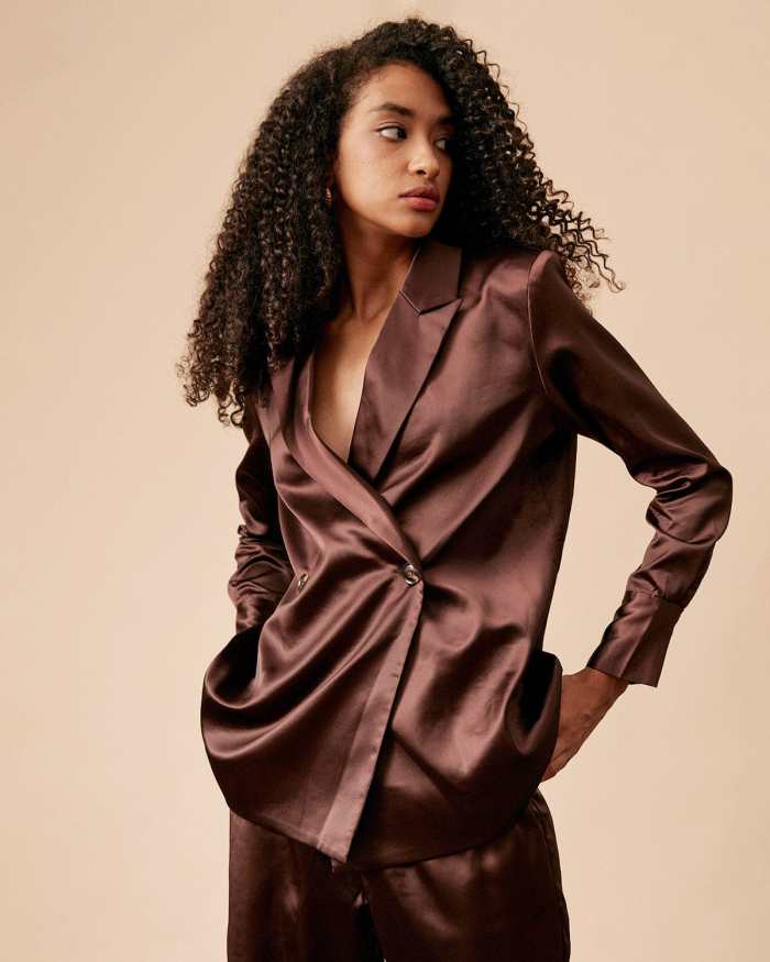 The Brown Solid Collared Satin Blazer
