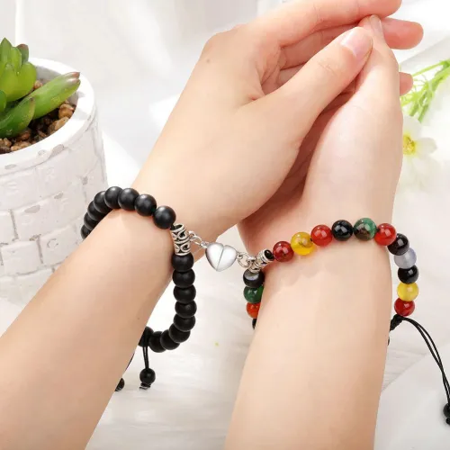 2Pcs/Set Natural Stone Magnetic Heart  Bead Bracelet For Friendship Couples