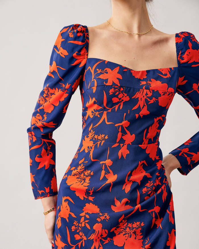 The Red Sweetheart Neck Floral Long Sleeve Midi Dress