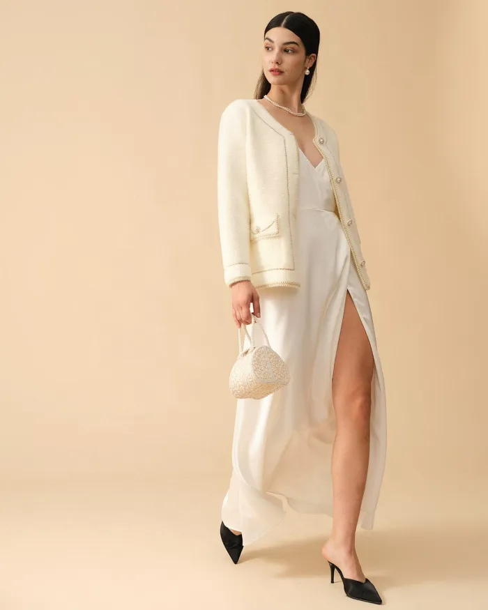 The V Neck Slit Satin Maxi Dress