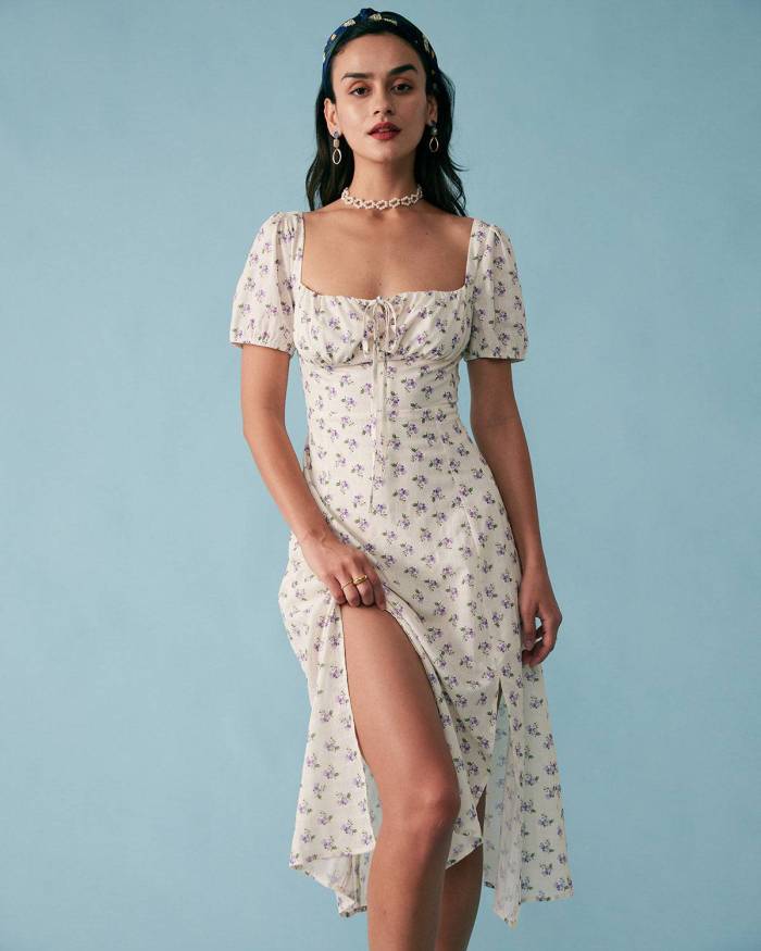The Short Sleeve Floral Ruched Midi Dress