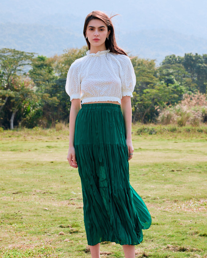 The Green High Waisted Pleated Side Slit Midi Skirt