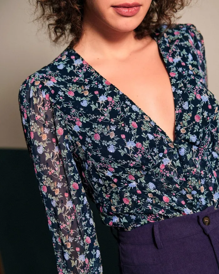 The V Neck Lantern Sleeve Floral Blouse
