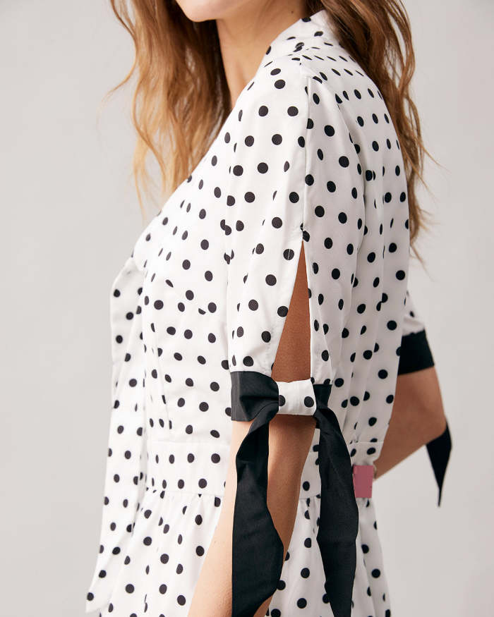 The Tie Neck Polka Dot Short Sleeve Midi Dress