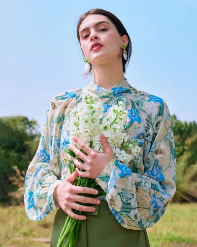 The Mock Neck Lantern Sleeve Floral Blouse