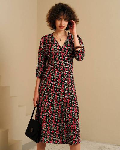 The V Neck Button Floral Midi Dress