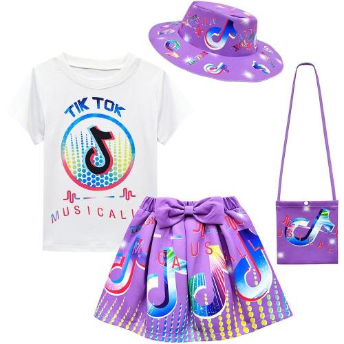 Tik Tok Print Girls Summer T Shirt Hat Bag And Skirt Suit Set Costume