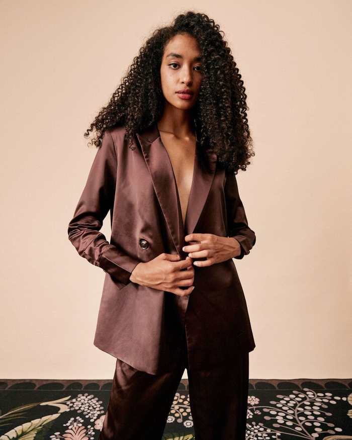 The Brown Solid Collared Satin Blazer