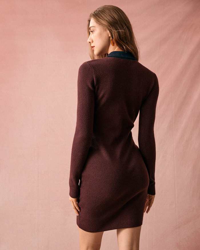 The Lapel Contrast Long Sleeve Sweater Dress