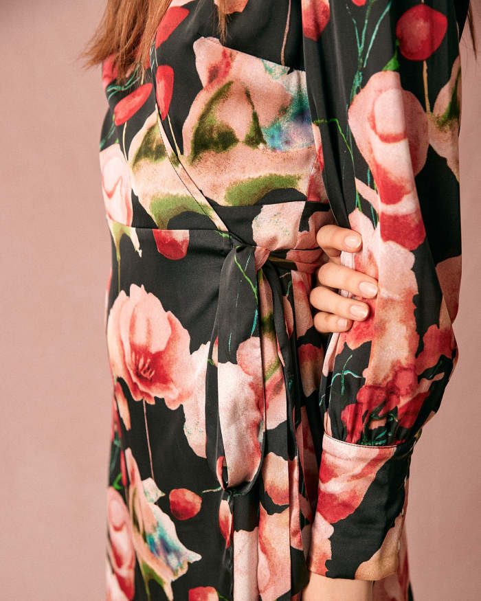 The V Neck Long Sleeve Floral Wrap Mini Dress