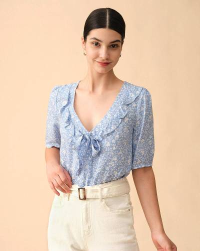 The V Neck Ruffle Trim Knotted Blouse