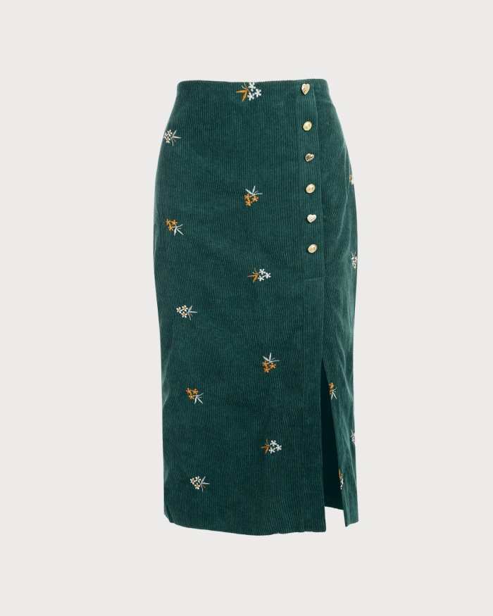 The Embroidered Slit Corduroy Midi Skirt