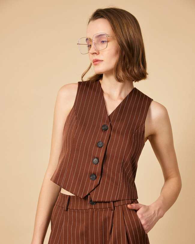 The Brown V Neck Striped Single-Breasted Vest