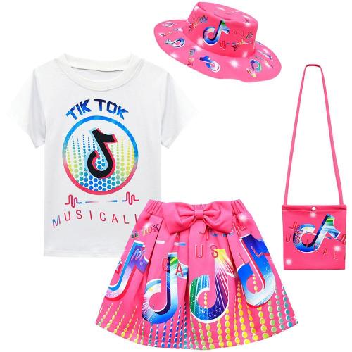 Tik Tok Print Girls Summer T Shirt Hat Bag And Skirt Suit Set Costume