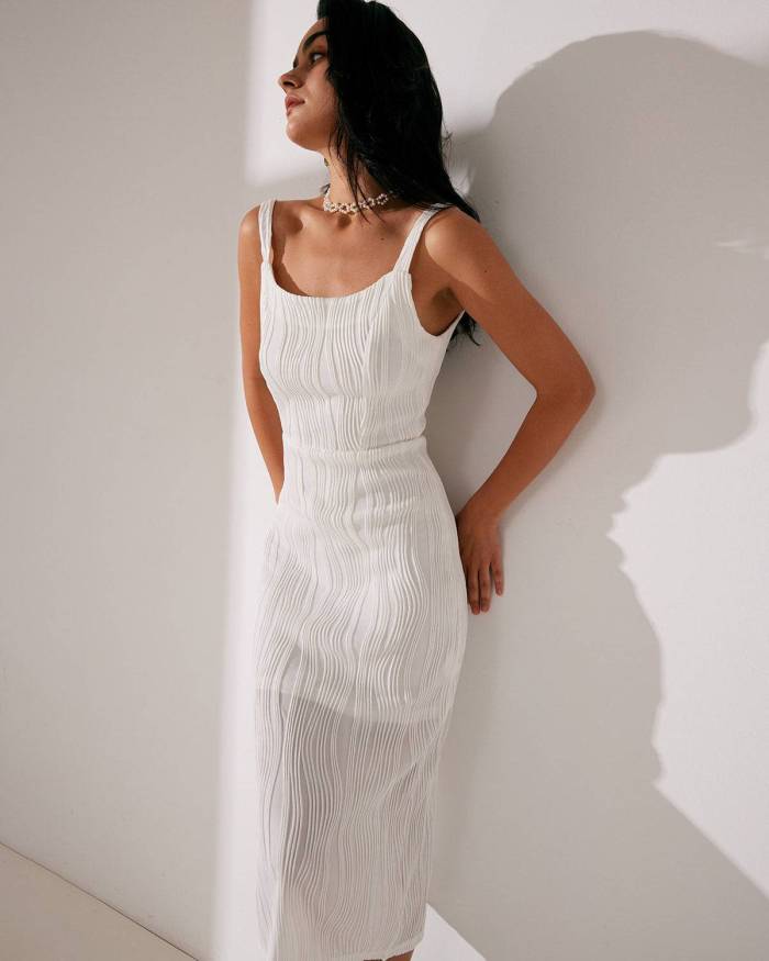 The Water Ripple Textured White Backless Midi Dress